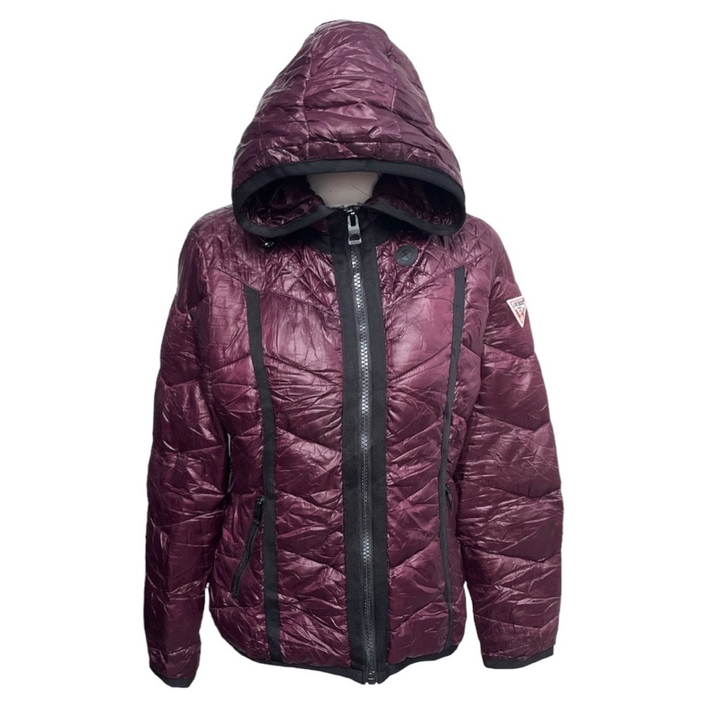 Guess Hooded Puffer Jacket Plum Purple with Black Trim Size Medium